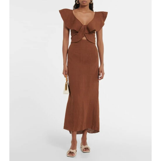 Johanna Ortiz Linen Ruffle Midi Dress